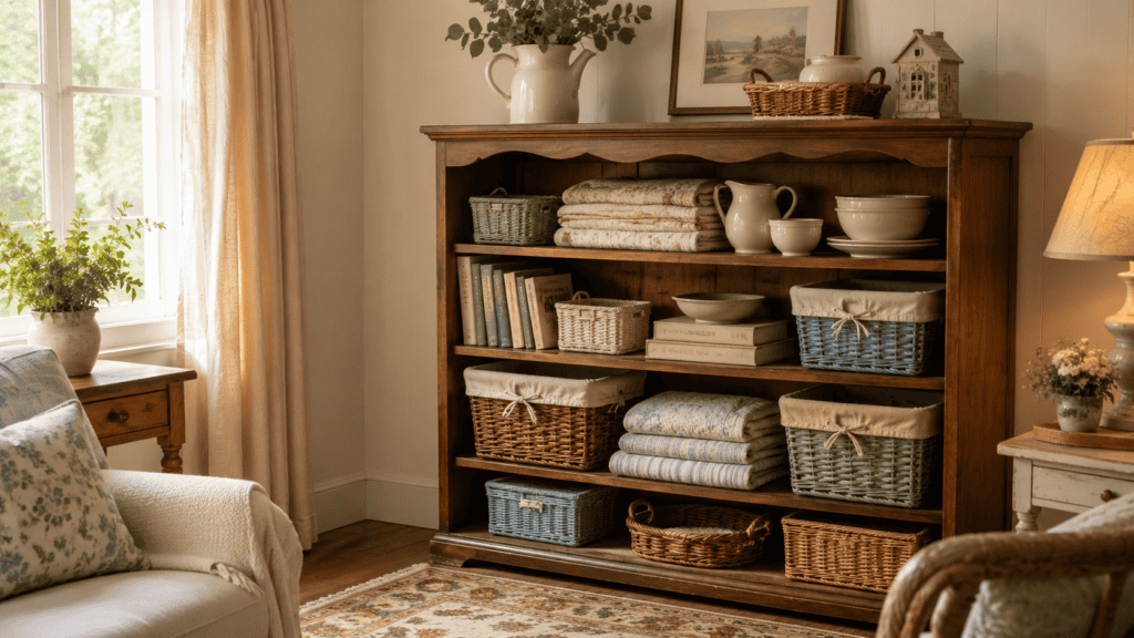 folded linens, cream ceramics, stacked books, and natural, sage, cream-lined, and faded blue storage baskets