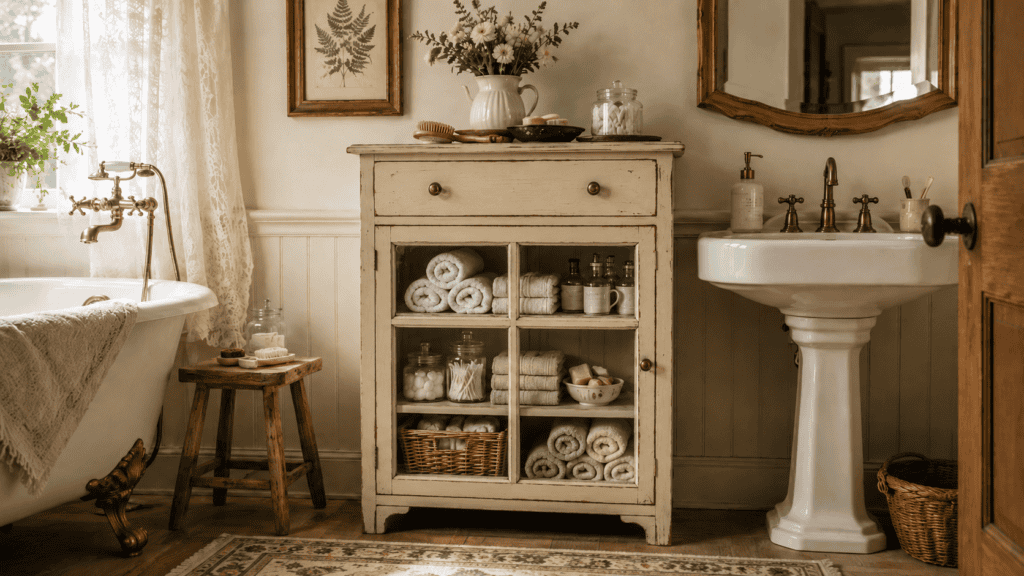 bathroom with a warm cream vintage cupboard holding rolled towels, folded washcloths, glass jars, pretty soaps, and a small basket
