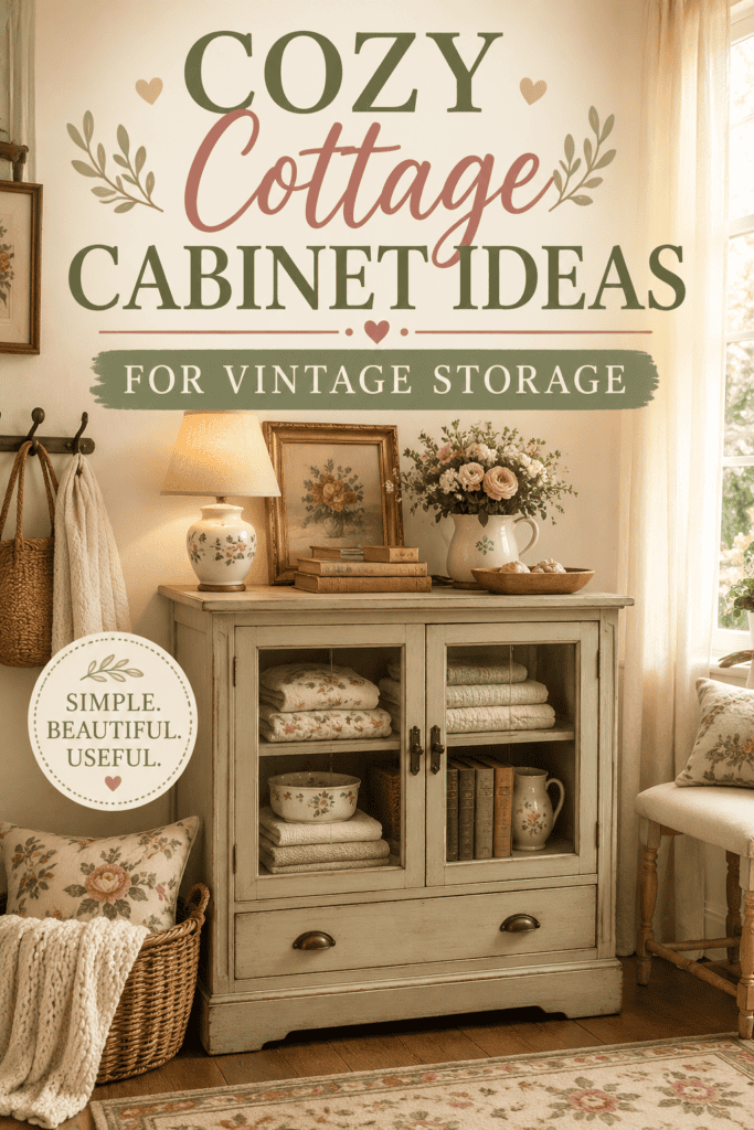Pinterest pin for cozy cottage cabinet ideas showing a vintage glass-front cabinet with folded linens, cream dishes, books, baskets, flowers, and warm cottage styling