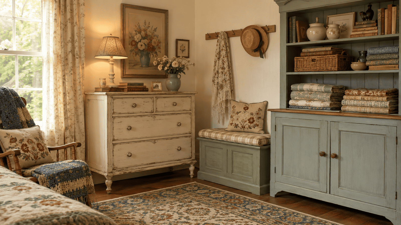 Cozy cottage room with a vintage dresser, storage bench, and painted hutch filled with linens, books, baskets, and cream ceramics.