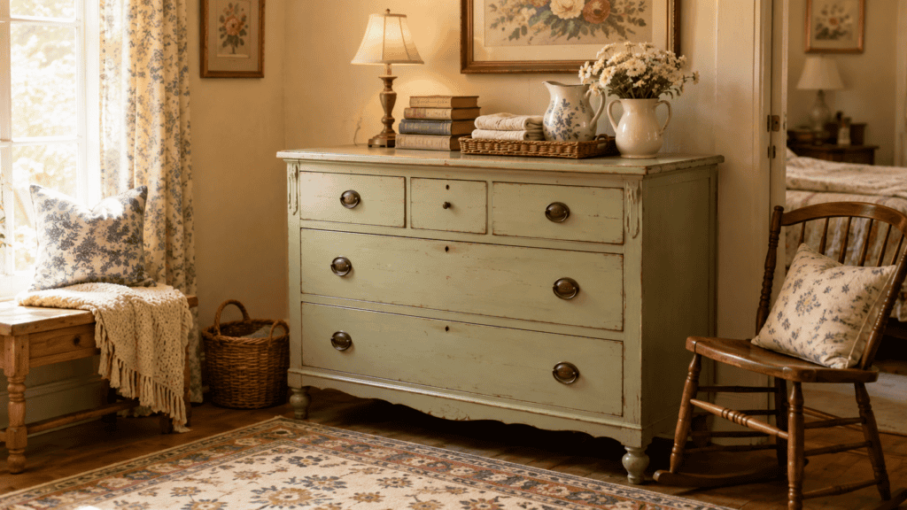 room with a painted vintage dresser, lamp, books, folded linens, ceramic pitcher, flowers, floral art, and patterned rug.