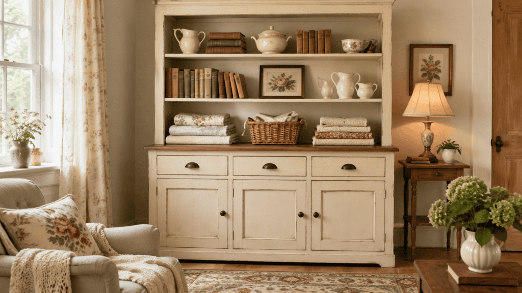 open shelves, closed cabinet doors, old books, folded linens, cream ceramics, basket, floral art, and lamp.
