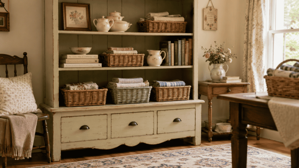 hutch with baskets inside shelves, folded linens, books, cream ceramics, floral art, flowers, and patterned rug.