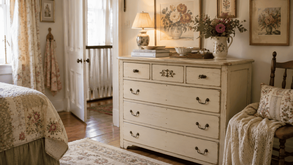 Cozy cottage bedroom with a cream vintage dresser, glowing lamp, books, floral art, flowers, and soft cottage textiles.