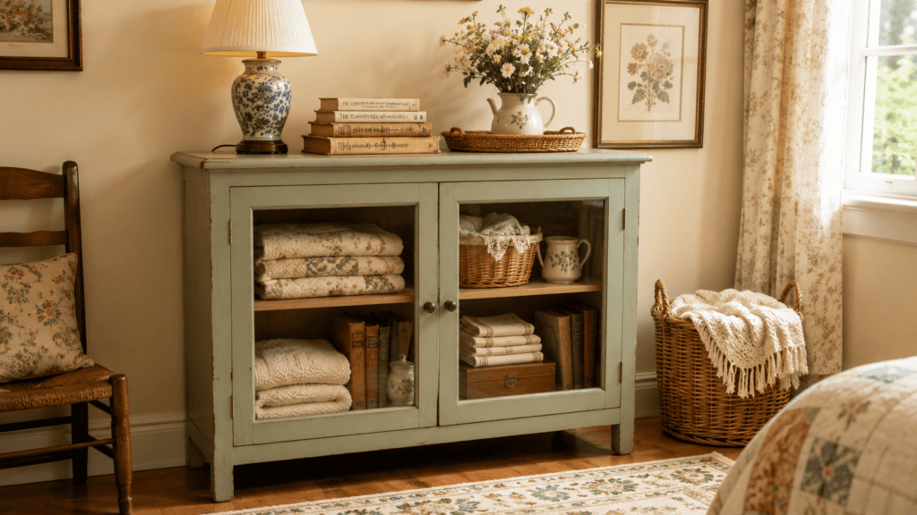 Small sage cottage cabinet with glass doors filled with folded linens, books, baskets, cream ceramics, and cozy blankets.