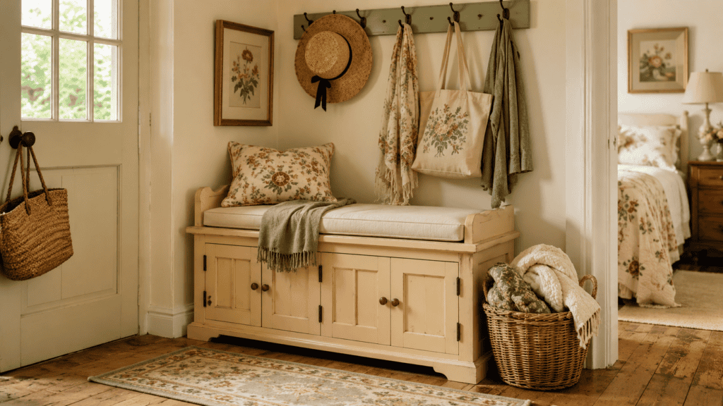 Cozy cottage entryway with a cream storage bench, floral pillow, folded throw, basket of blankets, hooks, scarf, and straw hat.