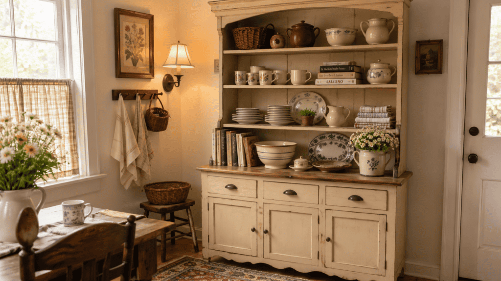 Cozy cottage kitchen hutch with stacked plates, mugs, cream ceramics, cookbooks, folded tea towels, baskets, and simple flowers.