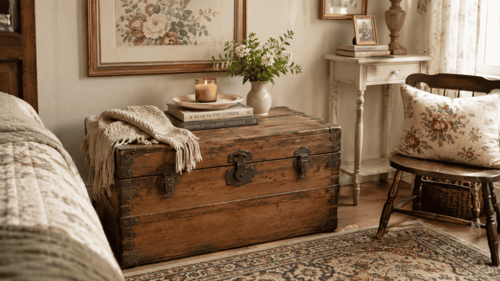 Cozy cottage room with a vintage wooden trunk, folded throw, books, candle, flowers, floral art, and patterned rug.