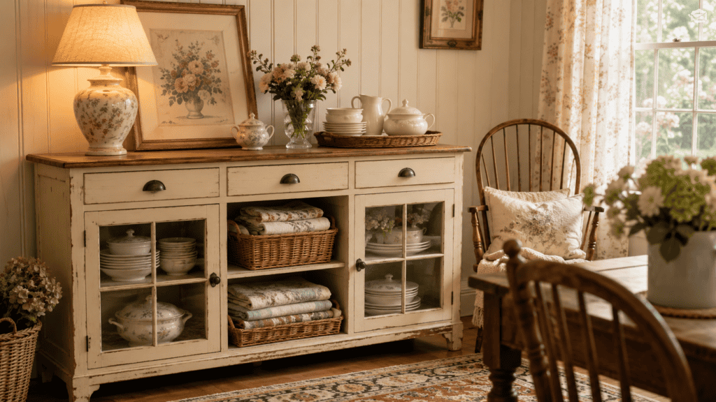 Cozy cottage dining room with a cream vintage sideboard, lamp, floral art, baskets, folded linens, dishes, and serving pieces.
