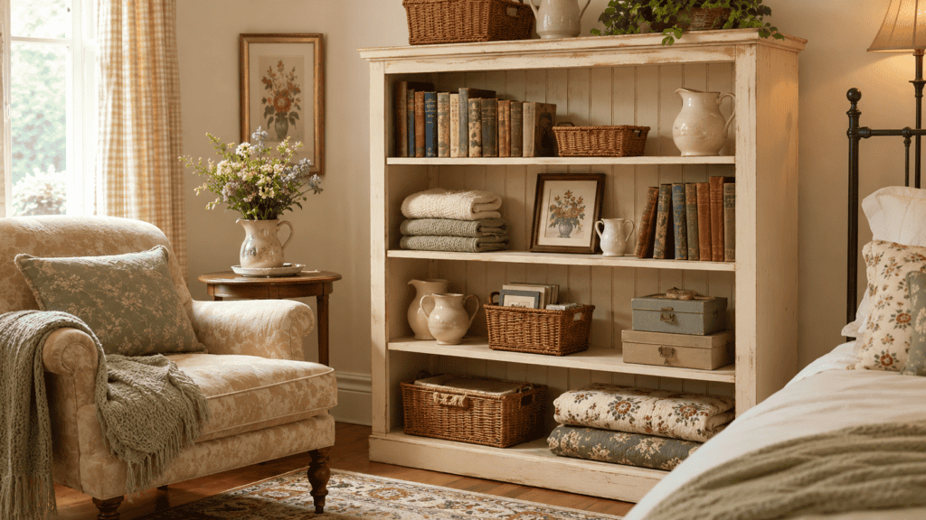 bookcase with old books, baskets, folded linens, cream ceramics, floral art, boxes, and a nearby chair.