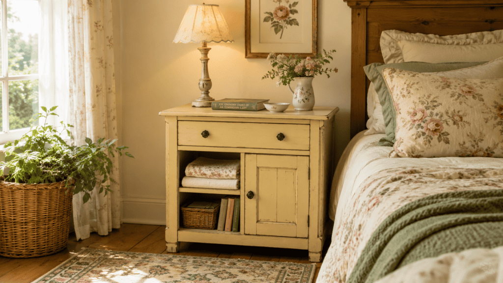 bedroom with a painted nightstand, glowing lamp, book, flowers, folded linens, small basket, floral bedding, and patterned rug.