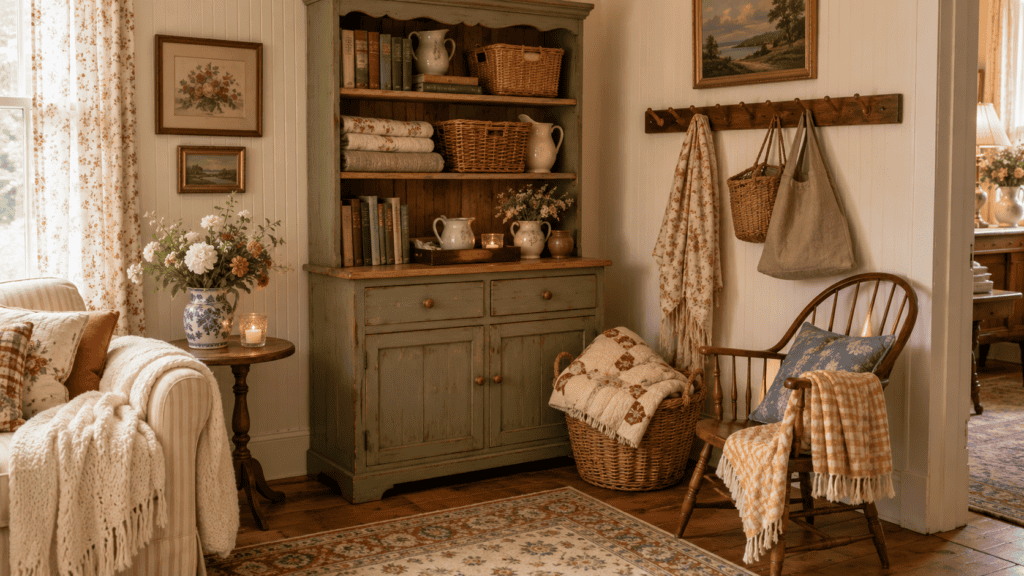 Cozy cottage organization ideas with a vintage hutch, baskets, folded linens, books, hooks, and a blanket basket in a warm cottage room.