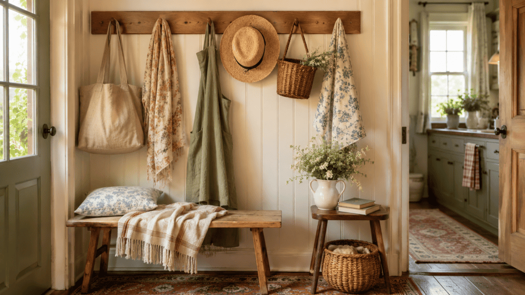 Cozy cottage peg rail with a tote bag, floral scarf, linen apron, straw hat, hanging basket, bench, books, and soft natural light.