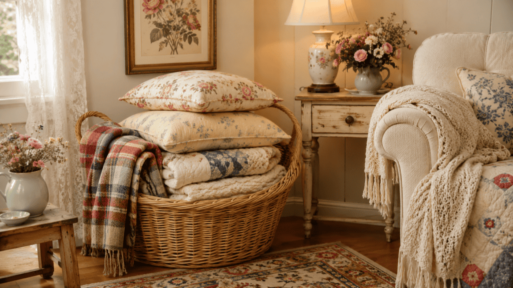 Large woven basket filled with cottage blankets, quilts, pillows, and a plaid throw beside a cozy chair and vintage side table.