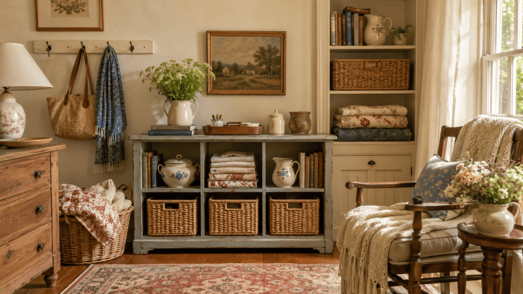 A large woven basket keeps extra blankets and pillows close by while adding softness, texture, and cozy cottage charm.