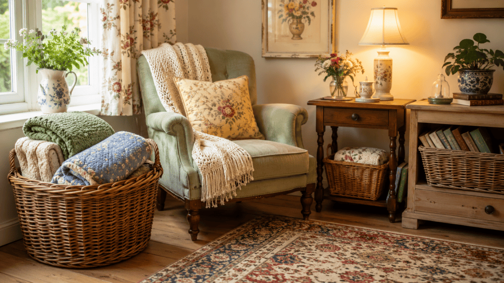 Cozy cottage basket organization with folded blankets, a vintage chair, side table storage, books, flowers, and warm cottage decor.