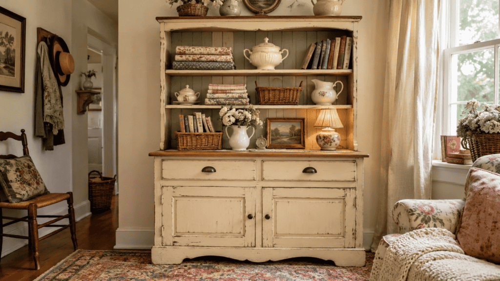 Vintage cream cottage hutch organized with folded linens, baskets, books, cream ceramics, flowers, and a warm lamp.