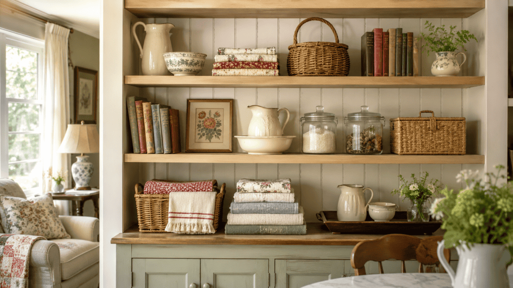 Cozy cottage open shelves organized with folded linens, baskets, vintage books, glass jars, cream ceramics, and soft floral accents.