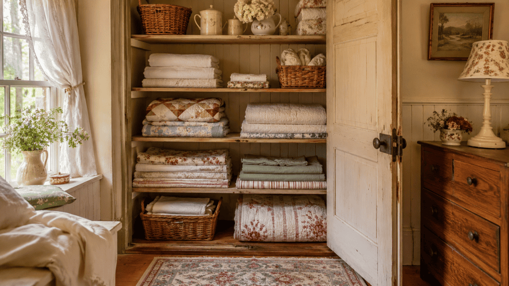 Cozy cottage linen cabinet with neatly folded towels, quilts, sheets, table linens, baskets, cream ceramics, and vintage hardware.