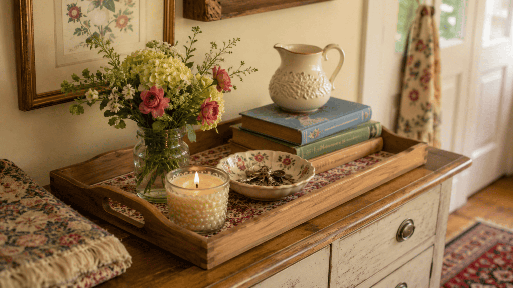 Cozy cottage tray organization with flowers, a candle, keys, books, a cream ceramic pitcher, and a vintage dresser.