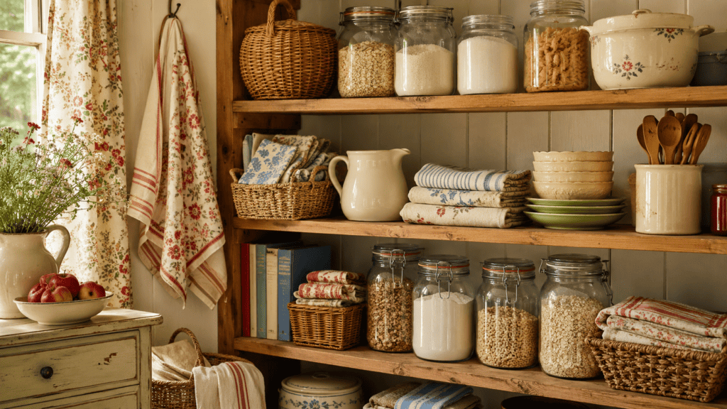 Cozy cottage pantry shelves organized with glass jars, baskets, folded tea towels, cream ceramics, dry goods, and warm wood shelves.