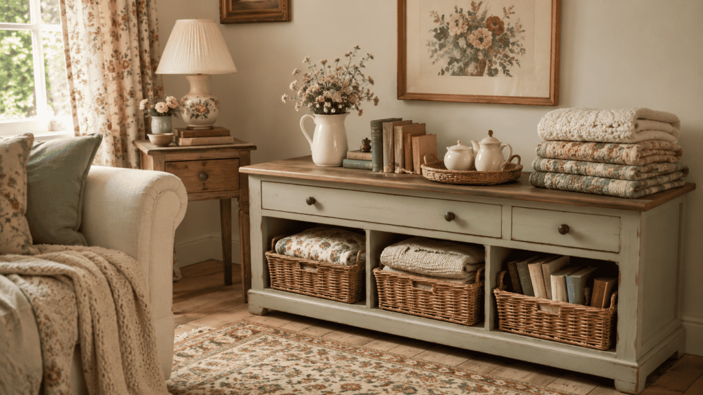 Cozy cottage storage furniture with baskets, folded blankets, books, cream ceramics, flowers, and a softly painted vintage cabinet.