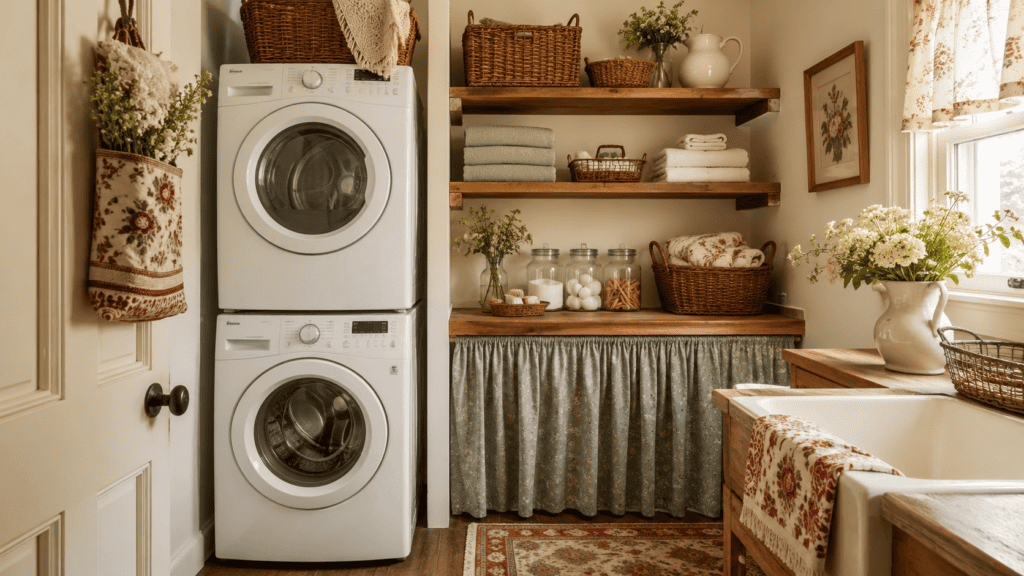 Cozy cottage laundry area with stacked washer and dryer, wooden shelves, baskets, glass jars, folded towels, and floral accents.