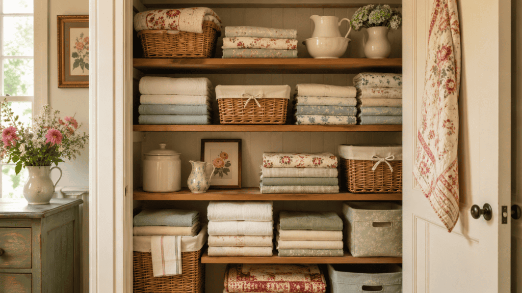 Cozy cottage linen closet with folded towels, baskets, soft fabric bins, vintage ceramics, floral accents, and warm wood shelves.