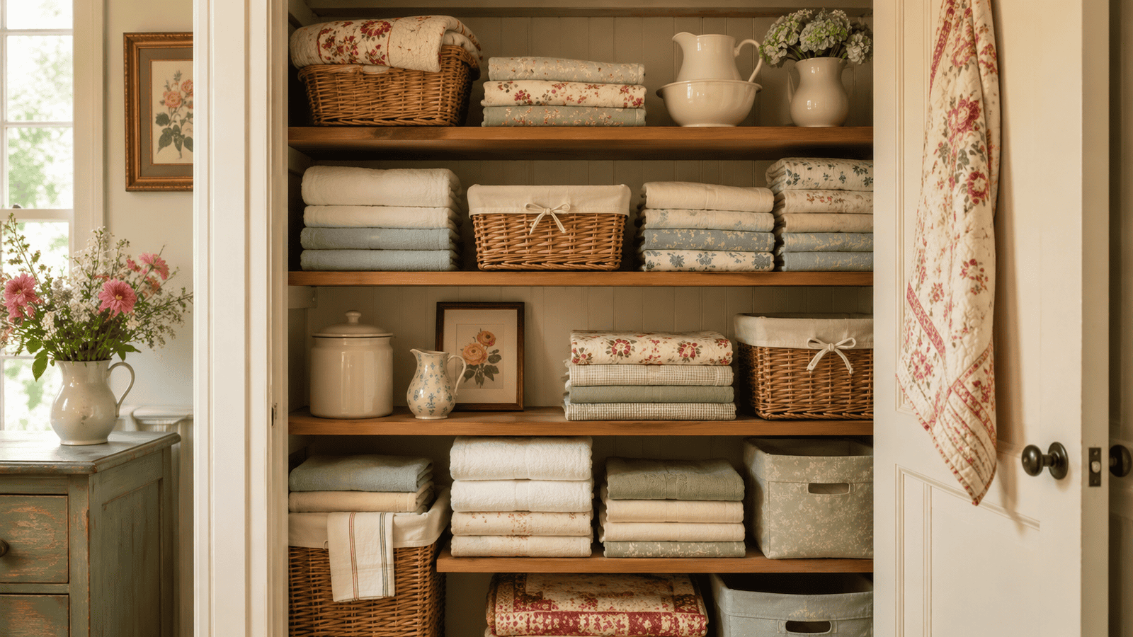 Cozy cottage linen closet with folded towels, baskets, soft fabric bins, vintage ceramics, floral accents, and warm wood shelves.