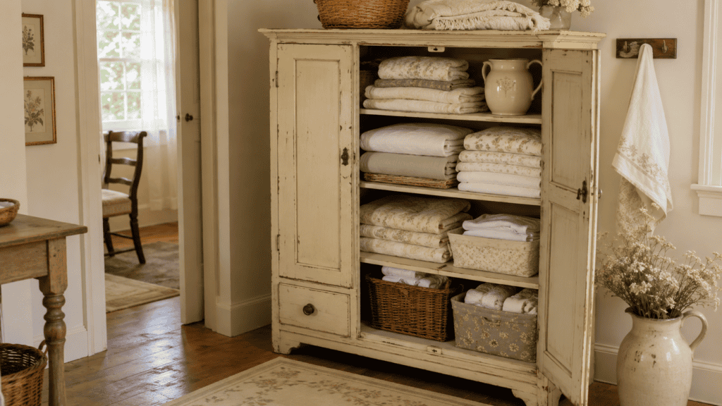 cabinet used for linen storage with folded towels, sheets, baskets, fabric bins, and cream ceramics.