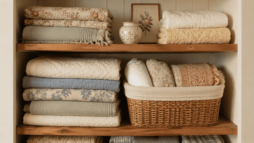 shelf with folded blankets, throws, and small quilts in cream, sage, dusty blue, pale yellow, and soft floral patterns beside a cream-lined basket.