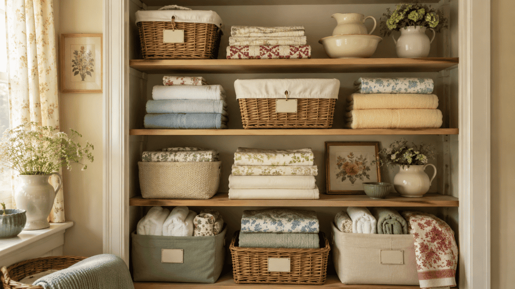 Folded blankets, throws, and small quilts stay tidy when they are stacked neatly with a basket nearby.