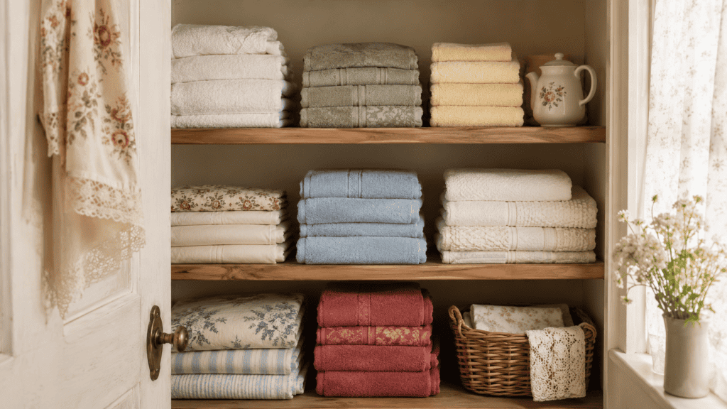 Cozy cottage linen closet shelf with neatly folded towels and linens in cream, white, sage, dusty blue, pale yellow, and faded red.