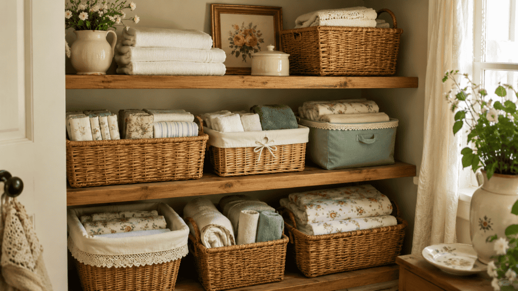 Cottage linen closet with woven baskets, a cream-lined basket, soft fabric bins, washcloths, guest towels, and folded linens.