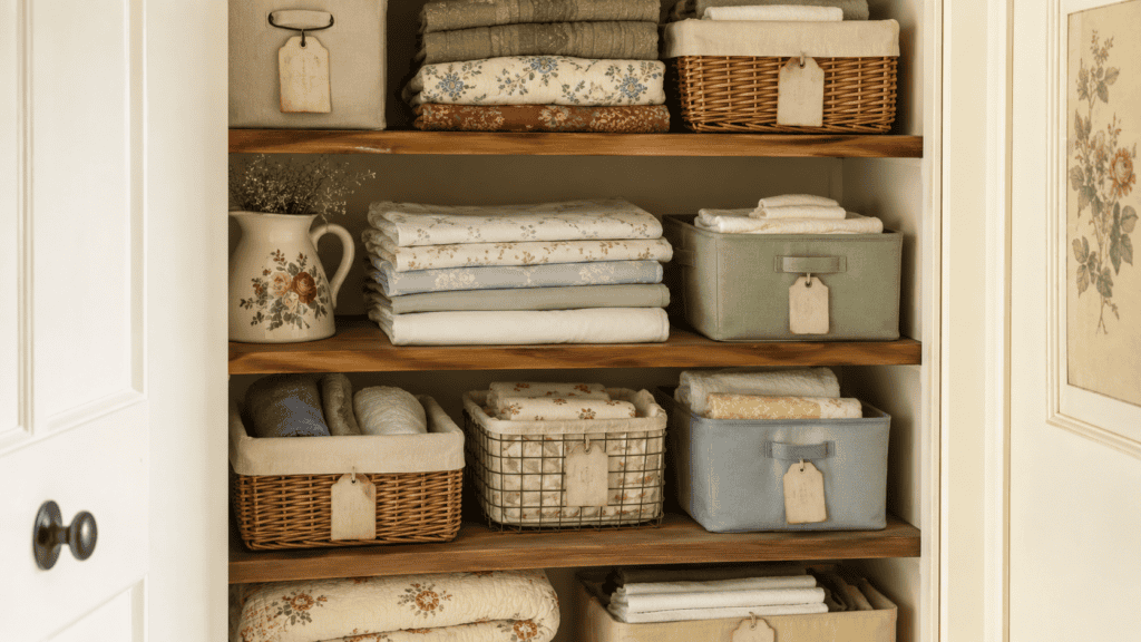 Cozy cottage linen closet with blank vintage-style labels, baskets, fabric bins, folded towels, sheets, pillowcases, and blankets.