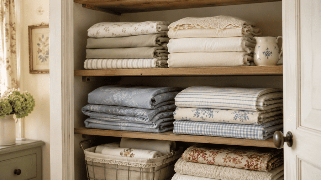 Cottage linen closet shelf with folded sheets, pillowcases, floral bedding, blue stripes, sage linens, and cream towels.