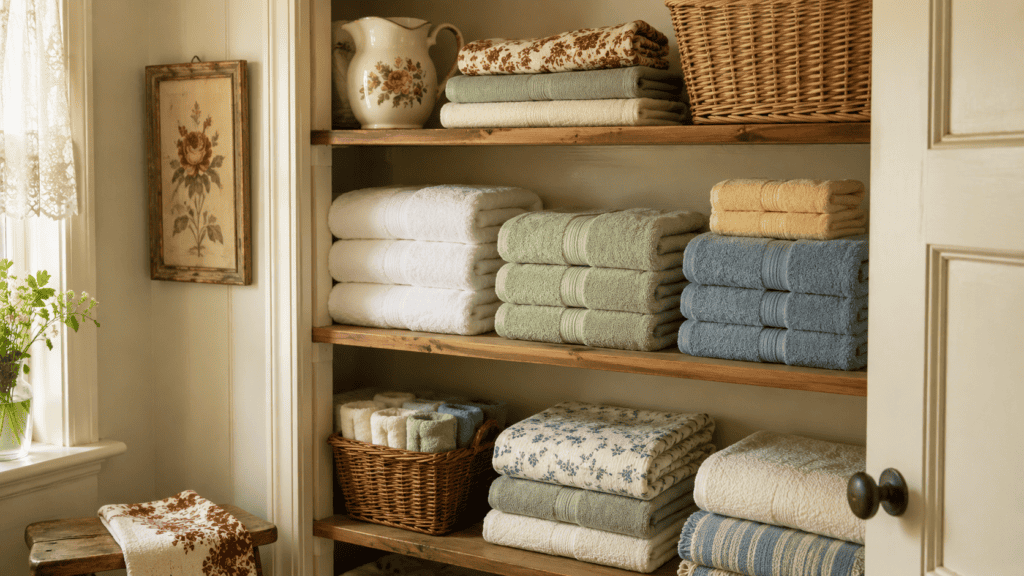 Cozy cottage linen closet with everyday towels stacked at easy reach in white, sage, dusty blue, pale yellow, and cream.