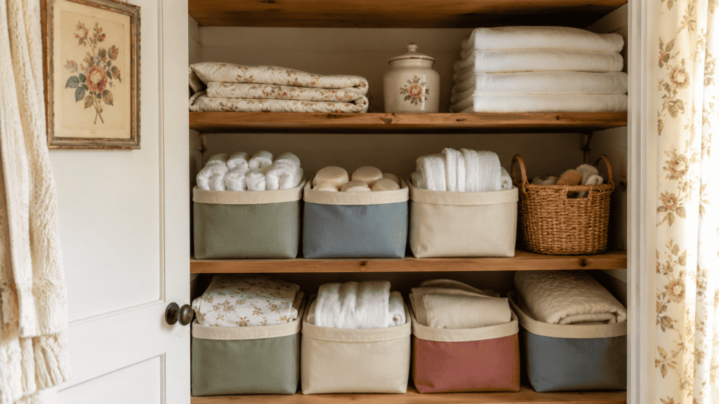 soft fabric bins holding washcloths, soaps, hand towels, cream linens, and small household extras.