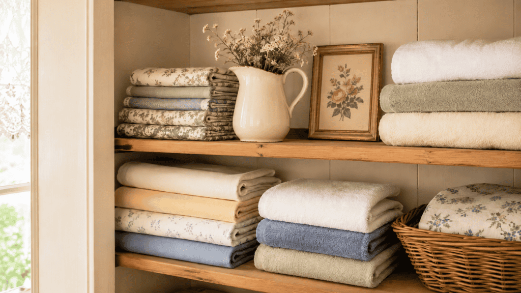 shelf with folded linens, towels, a cream ceramic pitcher, floral print, and wicker basket.
