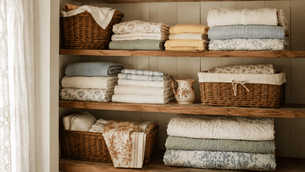 folded quilts, sheets, wicker baskets, cream linens, sage, dusty blue, pale yellow, and red textile accents.