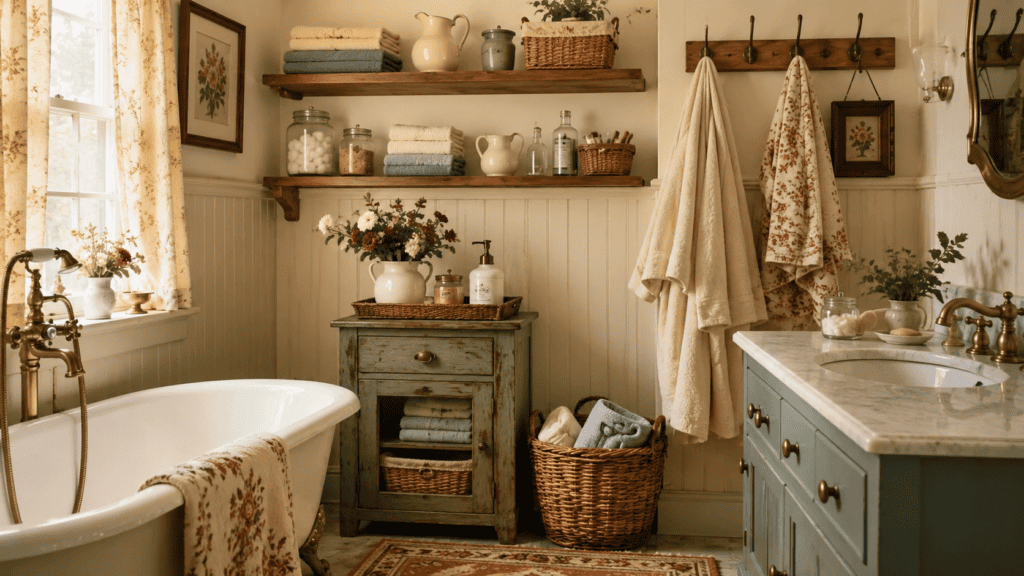 Cozy cottage bathroom storage ideas with open shelves, folded towels, baskets, jars, hooks, and a small vintage cabinet.