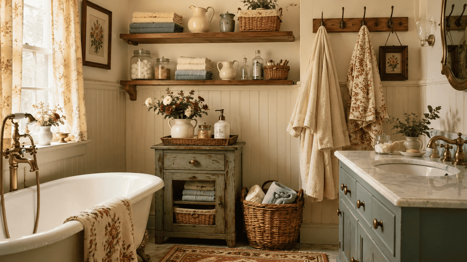 Cozy cottage bathroom storage ideas with open shelves, folded towels, baskets, jars, hooks, and a small vintage cabinet.