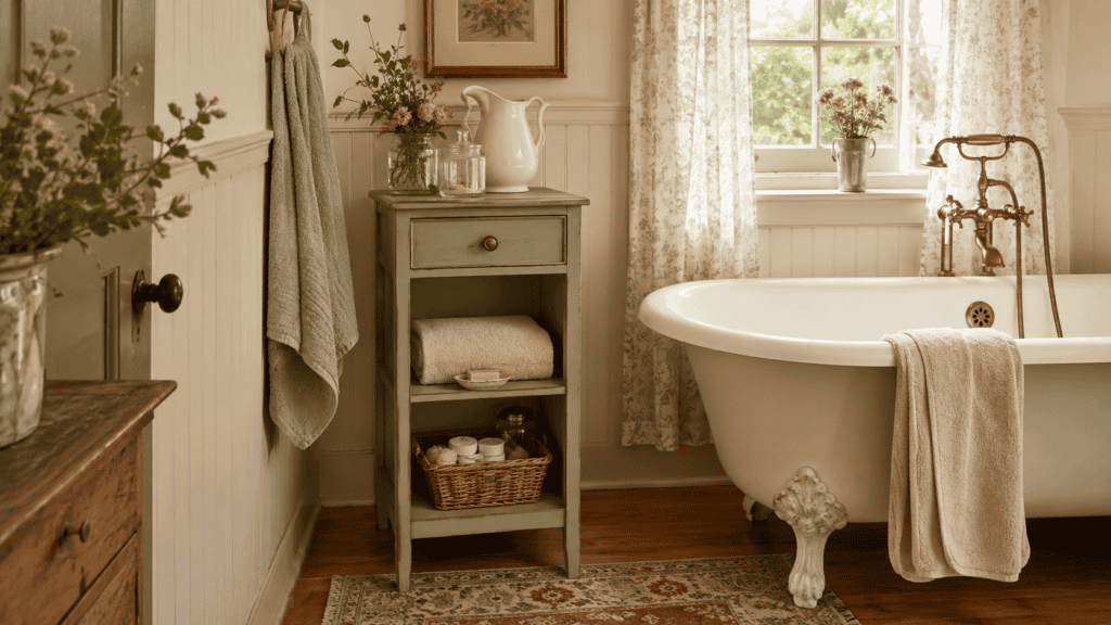 a narrow cabinet beside the bathtub, folded towels, a basket, jars, and cream ceramics.
