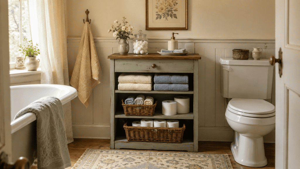 a simple open cabinet, folded towels, baskets, toilet paper, a glass jar, and tray.