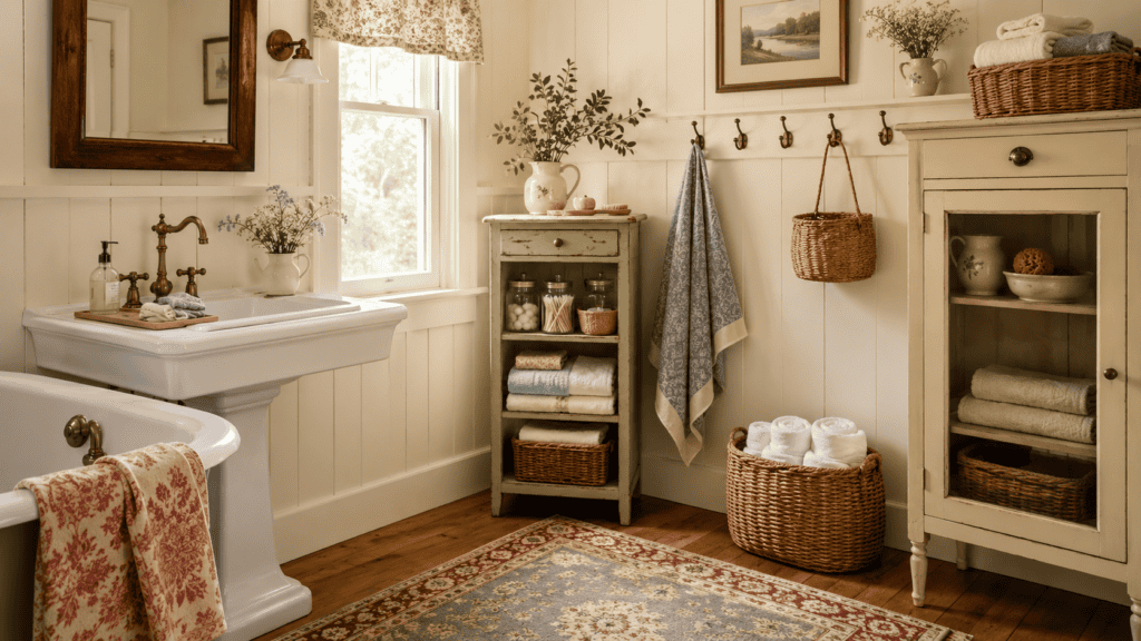 cabinets, baskets, jars, folded towels, hooks, a tray, and vintage cottage details.