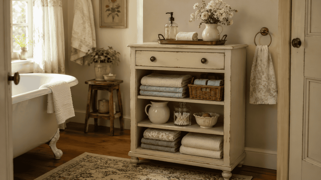 Cozy cottage bathroom storage ideas with a small vintage cabinet, folded towels, baskets, jars, and cream ceramic pieces.