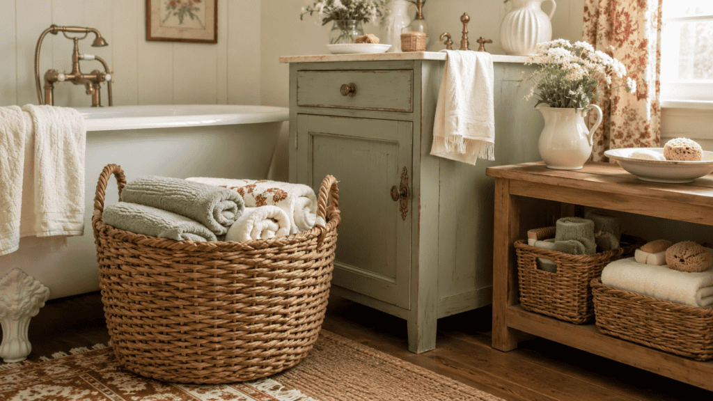 Cozy cottage bathroom storage ideas with woven baskets holding folded towels beside a vintage-style bathtub and cabinet.