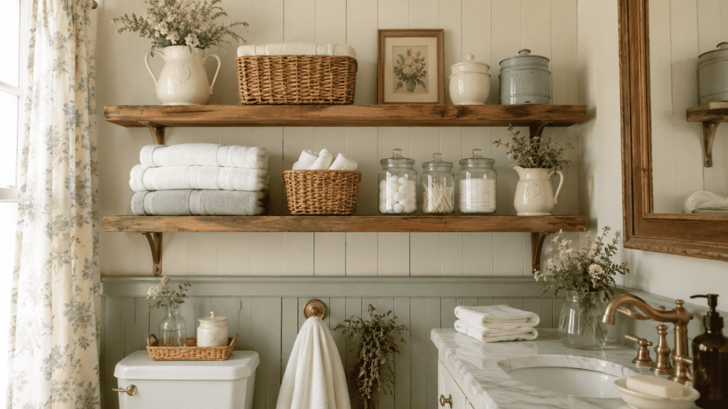 Cozy cottage bathroom storage ideas with open wooden shelves, folded towels, baskets, glass jars, and cream ceramics.