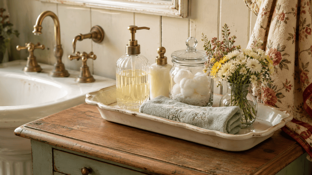 Cozy cottage bathroom storage ideas with a tray holding hand soap, lotion, cotton balls, a folded washcloth, and flowers.