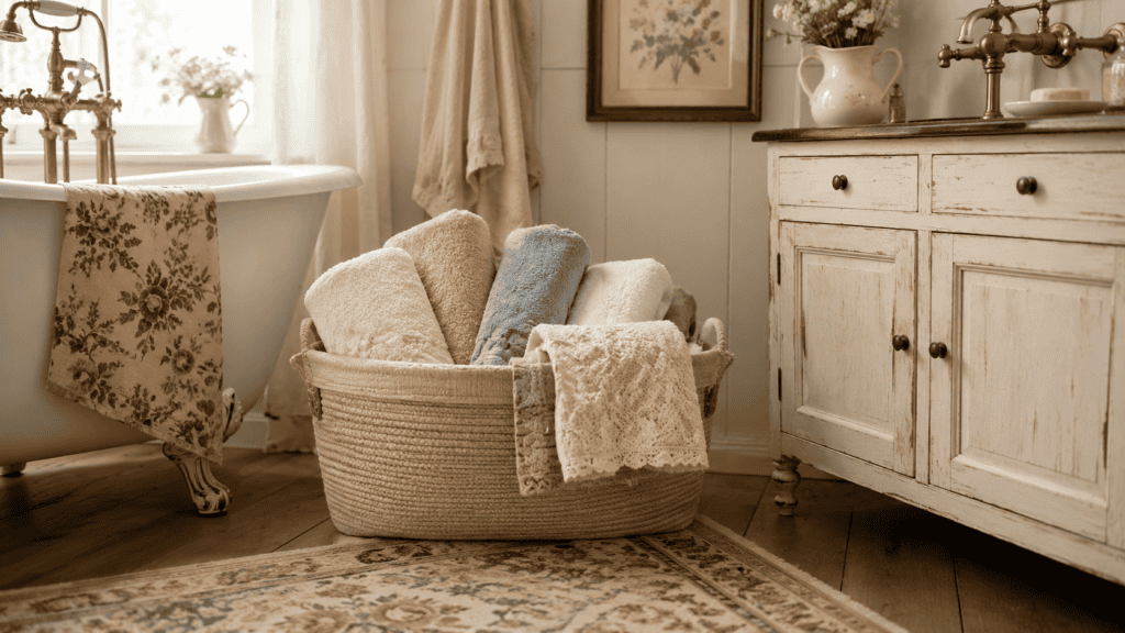 Cozy cottage bathroom storage ideas with a linen basket filled with cream, blue, beige, and floral towels beside a bathtub.